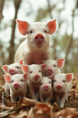 family of pink pigs with big nose looking at camera