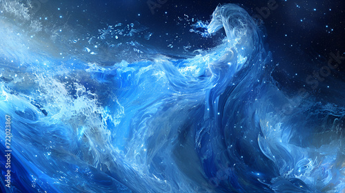 Aquarius amidst blue cosmic waves - an abstract depiction of water or a water bearer, set against an innovative blue, starry background