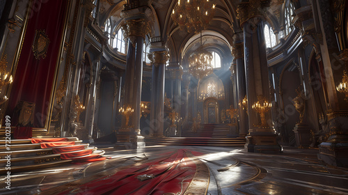 A majestic royal court filled with gallant knights, influential noble families, and a magnificent grand throne room. photo