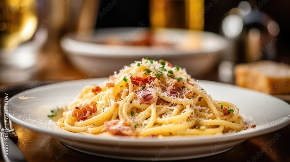 Delicious pasta with bacon and sauce. Italian cuisine. Recipe. Delicious pasta with bacon and sauce. Italian cuisine. Recipe.