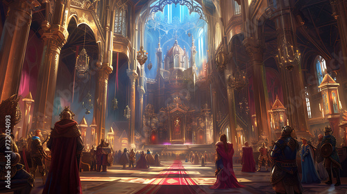 A majestic royal court adorned with intricate tapestries and golden chandeliers, bustling with noble families, knights, and enthroned rulers.