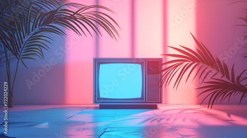 Minimal abstract vaporwave composition with shadow of tropical palm leaf and retro vintage television box. Pink and blue lights. Cyberwave background with copy space, Generative AI