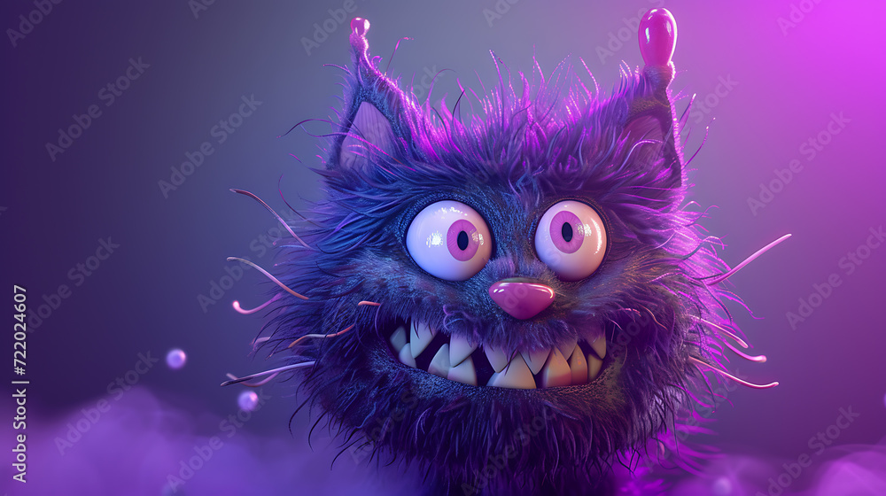 A mischievous feline sprite, resembling a cat, against a vibrant purple backdrop.