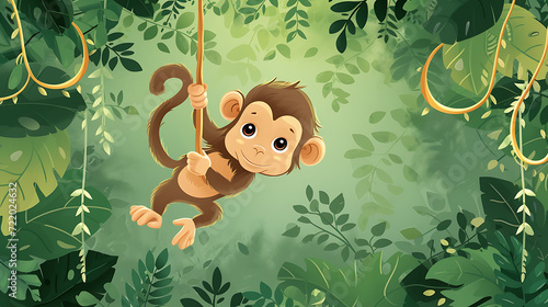 A playful monkey effortlessly swings from lush vines against a vibrant jungle green backdrop.