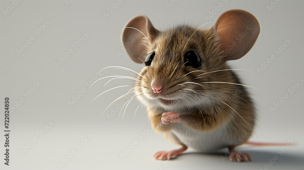 A whimsical 3D mouse with a playful design, brimming with cleverness and residing against a light gray backdrop.