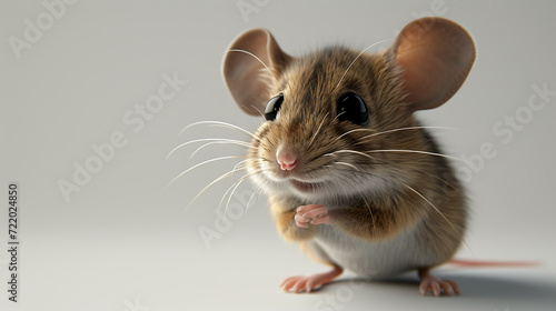 A whimsical 3D mouse with a playful design, brimming with cleverness and residing against a light gray backdrop.