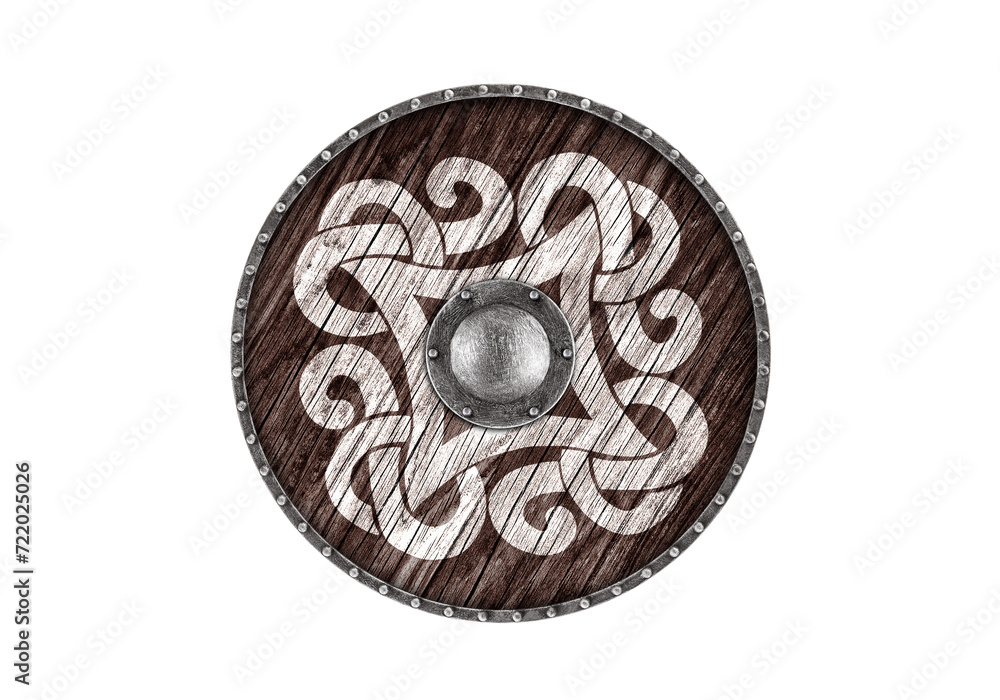 Old decorated wooden round shield isolated on white background Old decorated wooden round shield isolated on white background