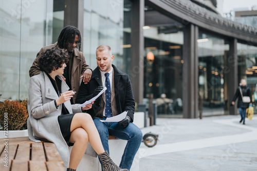 Three professional colleagues in a casual business meeting outside. They are discussing papers  engaging in a productive conversation.