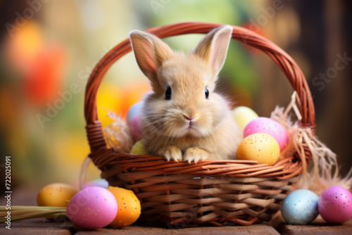 Easter bunny and easter eggs on pastel background