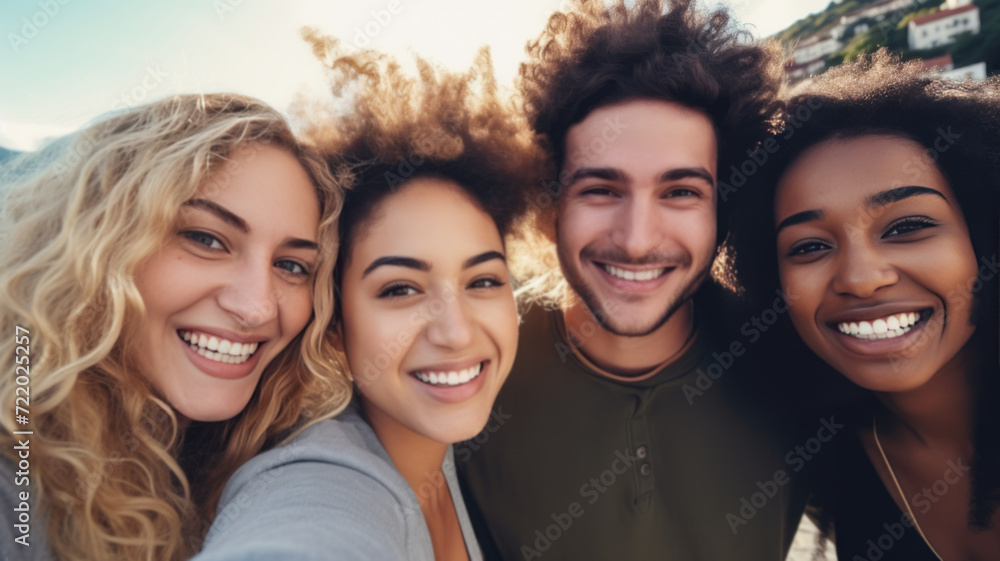 Multicultural group of friends taking selfie picture outside Multicultural group of friends taking selfie picture outside