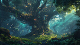 A mystical forest filled with towering ancient trees, glowing bioluminescent plants, and enchanting hidden fairies.