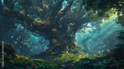 A mystical forest filled with towering ancient trees  glowing bioluminescent plants  and enchanting hidden fairies.