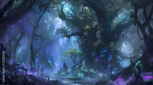 A mystical woodland abundant with towering  age-old trees  enchanting glows emitted by bioluminescent foliage  and elusive sprites hidden among the lush flora.