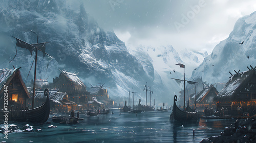 An enchanting Nordic Viking village nestled in the midst of snowy mountains and stunning fjords, inhabited by rugged warriors and adorned with majestic longships. photo