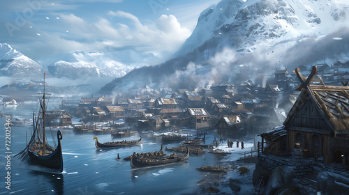 An enchanting Nordic Viking village nestled in the midst of snowy mountains and stunning fjords, inhabited by rugged warriors and adorned with majestic longships. photo