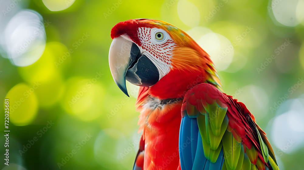 A beautiful parrot with a rainbow of feathers on a vivid green backdrop.