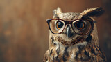A knowledgeable owl with glasses, perched on a warm brown background.