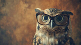 A knowledgeable owl with glasses, perched on a warm brown background.