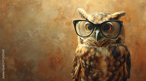 A wise old owl wearing glasses on a brown background. photo