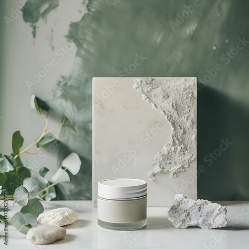 Luxury cream with marble and stones around, mockup with natural lighting 