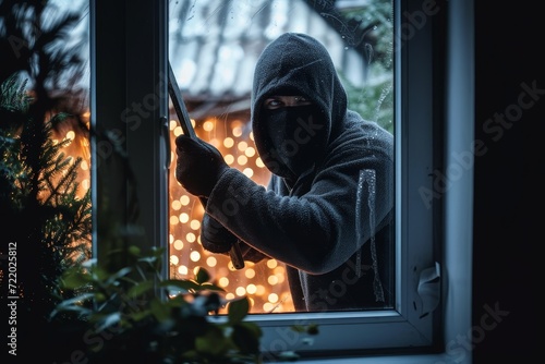 A mysterious figure gazes out of a frosted window, their identity hidden by a black mask and hood, as the winter night outside is illuminated by the warm glow of a crackling fire