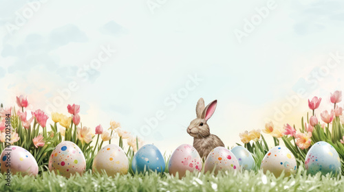 Easter holiday banner in watercolor style. Colorful eggs and a rabbit on the lawn. Copy space