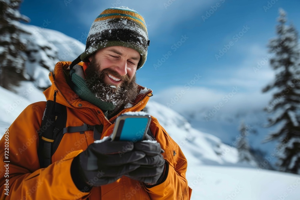 Braving the freezing winds on a snowy mountain, a man takes a moment to check his phone while surrounded by the stunning winter landscape and dressed in warm ski gear Braving the freezing winds on a snowy mountain, a man takes a moment to check his phone while surrounded by the stunning winter landscape and dressed in warm ski gear