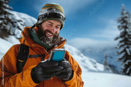 Braving the freezing winds on a snowy mountain, a man takes a moment to check his phone while surrounded by the stunning winter landscape and dressed in warm ski gear