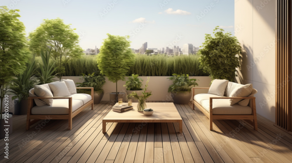 Obraz premium Wood deck outdoor furniture at the modern terrace with floor and green potted plants