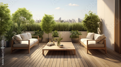 Wood deck outdoor furniture at the modern terrace with floor and green potted plants