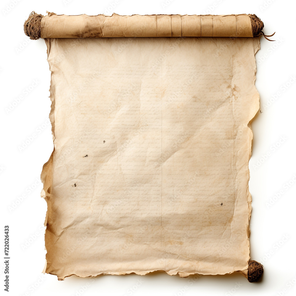 a blank piece of parchment tattered from old age with rolled sides on the left and right сreated with Generative Ai