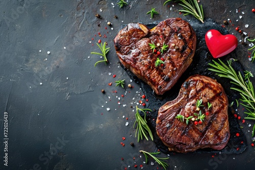 grilled beef steak for valentines day pragma in black background photo
