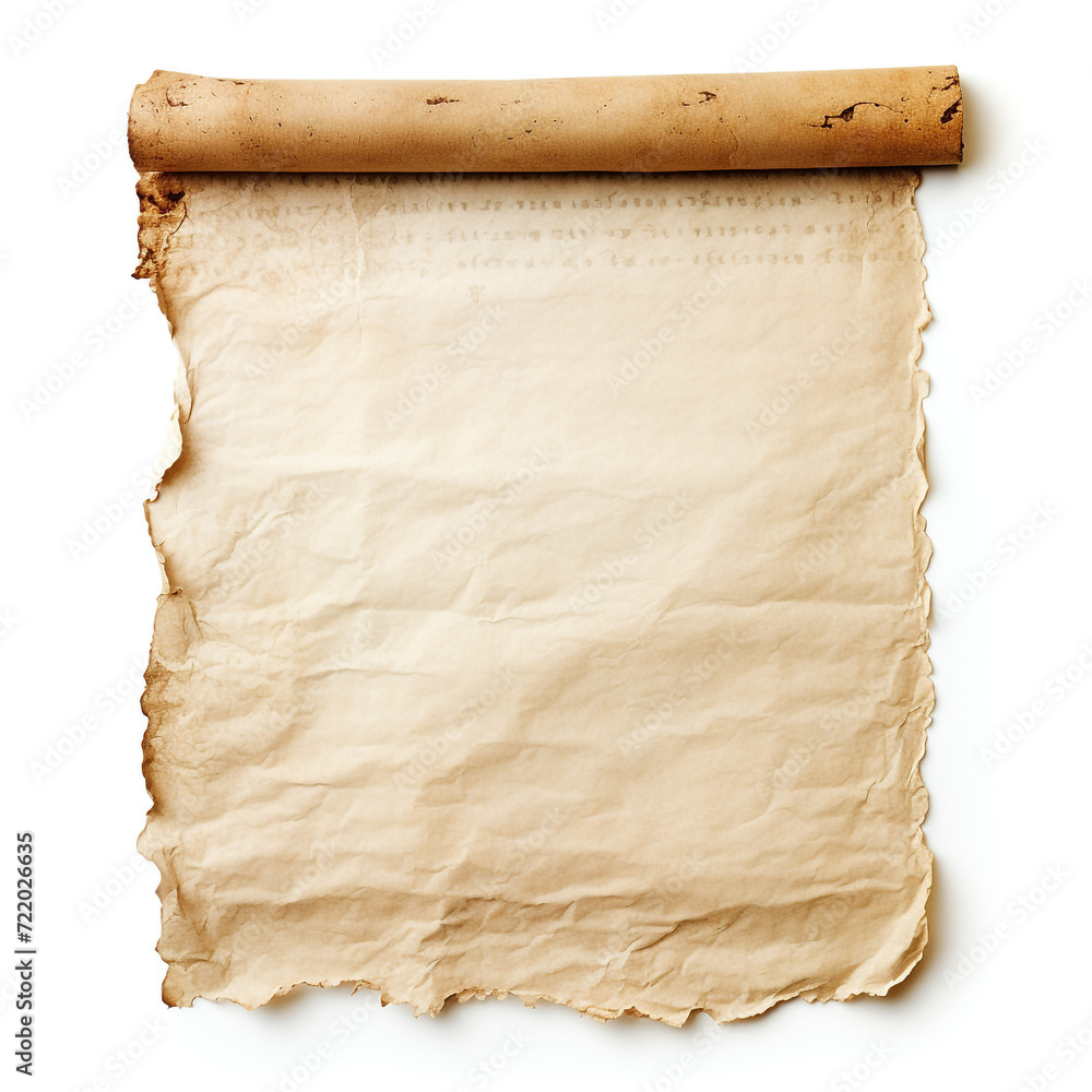 a blank piece of parchment tattered from old age with rolled sides on the left and right сreated with Generative Ai