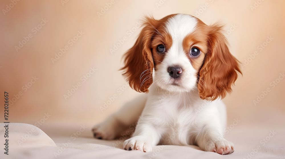 A adorable, energetic puppy with soft floppy ears, captured against a soothing beige background.