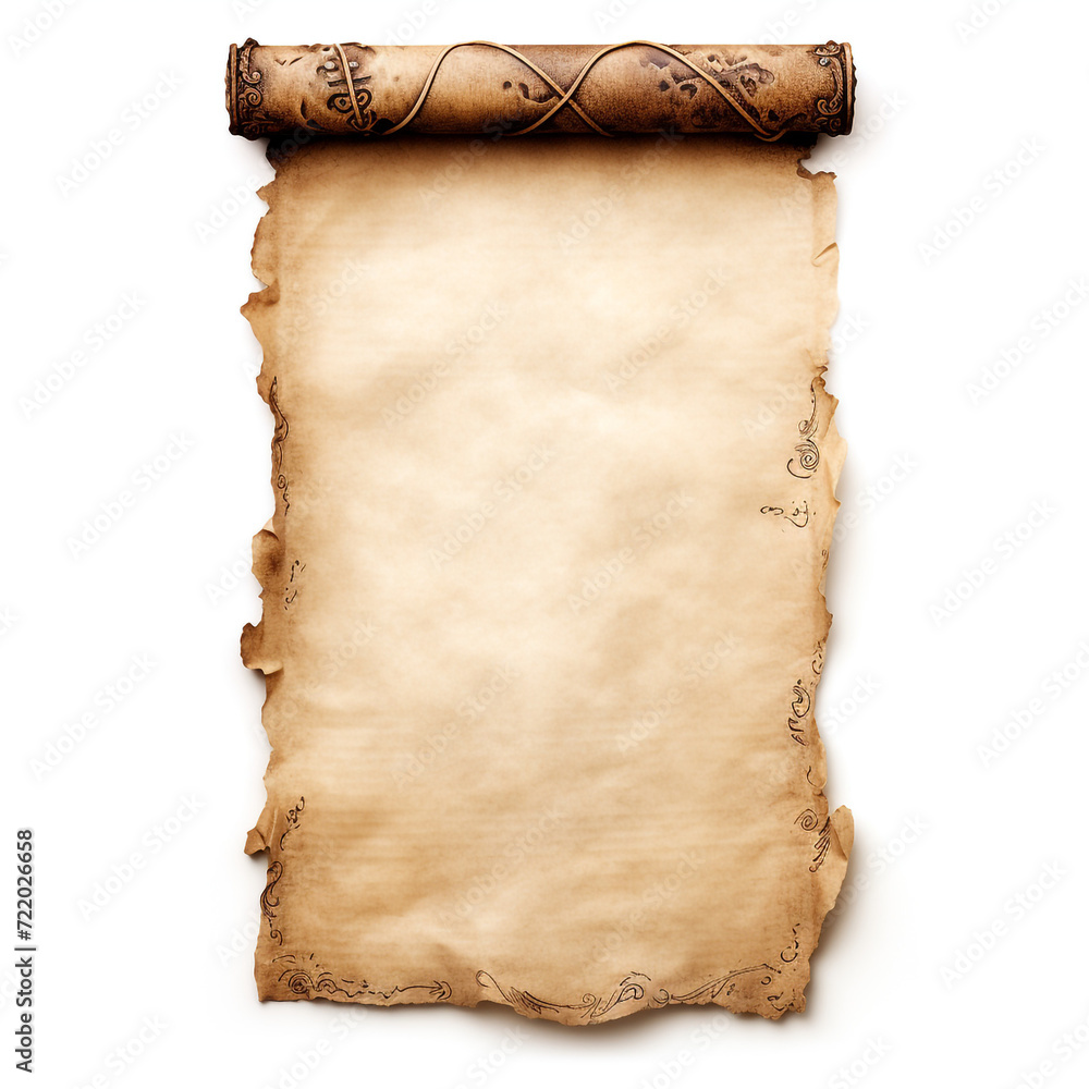 a blank piece of parchment tattered from old age with rolled sides on the left and right сreated with Generative Ai