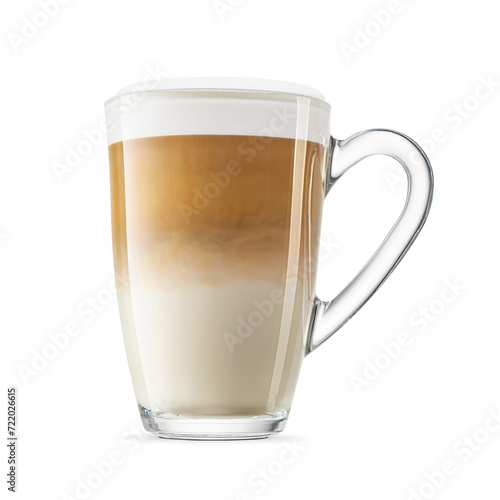 Latte coffee with frothed milk foam in transparent glass cup isolated. Transparent PNG image.