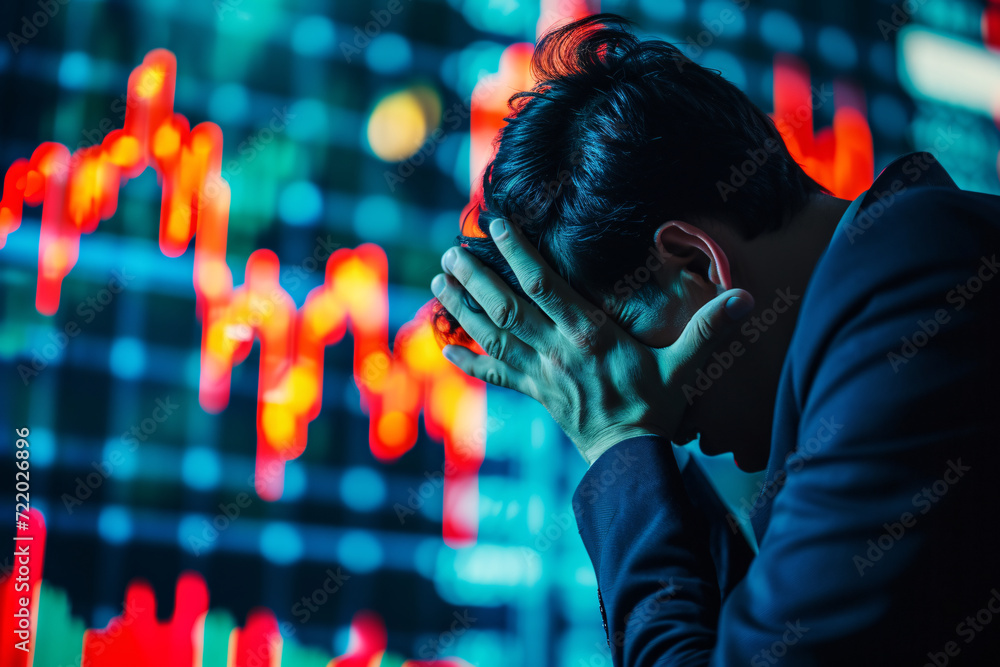 A frustrated businessman and declining stock charts, depicting financial loss, despair, and anxiety A frustrated businessman and declining stock charts, depicting financial loss, despair, and anxiety