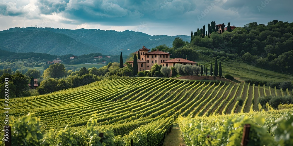Picturesque tuscan estate amidst rolling vineyards under a stormy sky, ideal for travel and wine themes. scenic landscape photography. AI