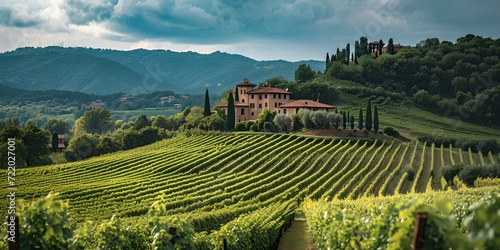 Picturesque tuscan estate amidst rolling vineyards under a stormy sky, ideal for travel and wine themes. scenic landscape photography. AI