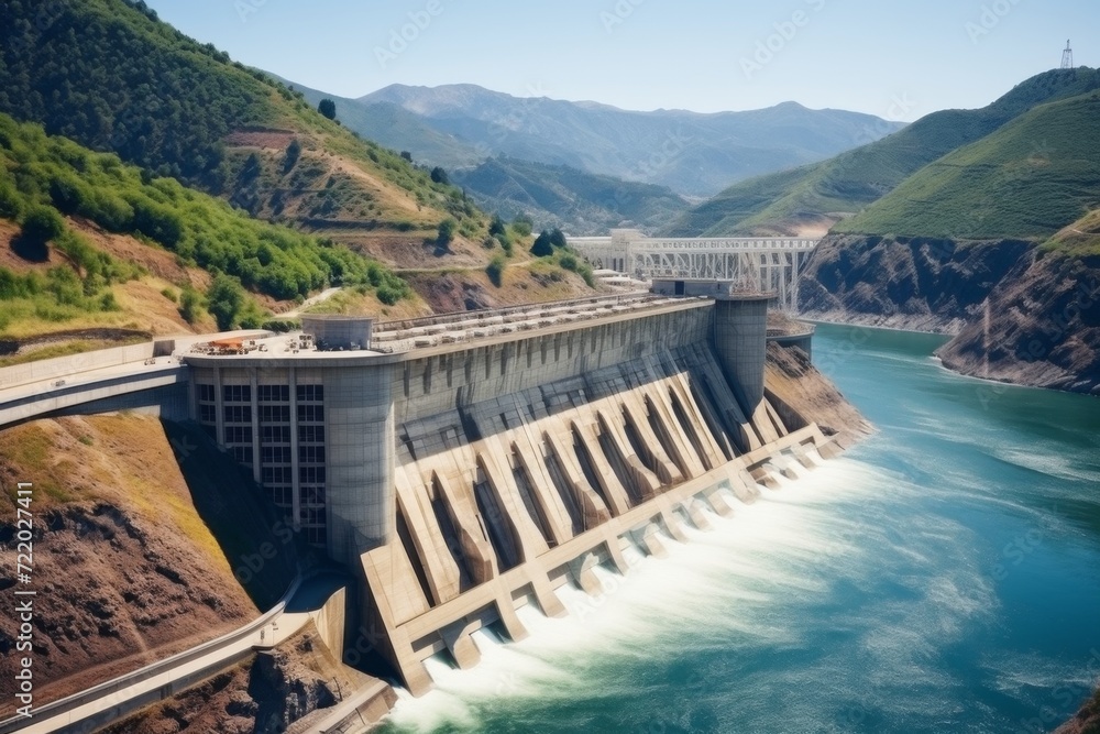 hydroelectric power station in mountainous area, concept of environmentally friendly energy producers