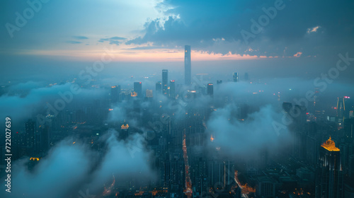 Shanghai city on sundown  in the style of mist.