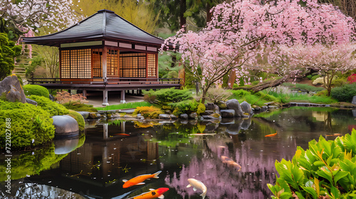 A tranquil Japanese Zen garden adorned with vibrant cherry blossoms, featuring a charming tea house and a mesmerizing koi pond.