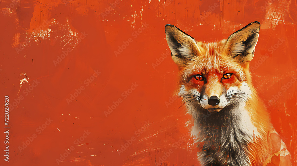 A cunning fox with captivating eyes against a backdrop of vibrant rust red.