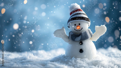 A joyful snowman stands in a picturesque winter landscape against a stunning frosty blue background.