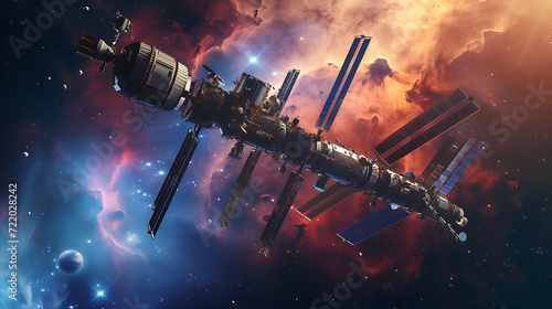 A futuristic space station circles an illuminated nebula, as astronauts engage in cutting-edge technology. © stocker