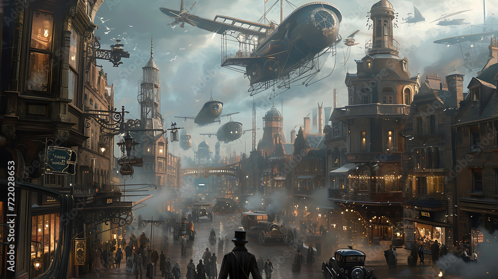 A bustling steampunk city with ornate Victorian buildings, where majestic airships traverse the sky and billows of steam rise from intricate machinery. - obrazy, fototapety, plakaty 