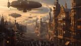 A bustling steampunk city with ornate Victorian buildings, where majestic airships traverse the sky and billows of steam rise from intricate machinery.