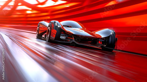 A speedy, streamlined race car with expressive eyes set against a vibrant racing red backdrop. © stocker