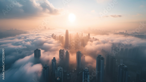 An aerial view of city over the clouds. photo