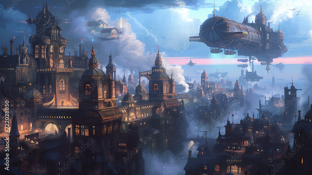 A grand steampunk city rises with elaborate Victorian architecture, where airships gracefully glide amidst skies filled with steam.